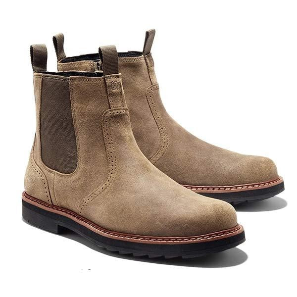 Chelsea-Stiefeletten Herren in Taupe mit Wildleder-Optik und Brogue-Lochmuster