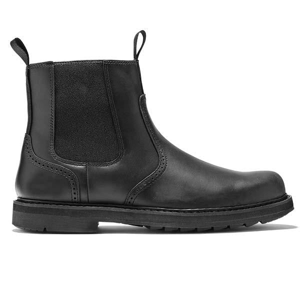 Schwarzer Chelsea-Stiefel Herren im Seitenprofil mit Brogue-Details
