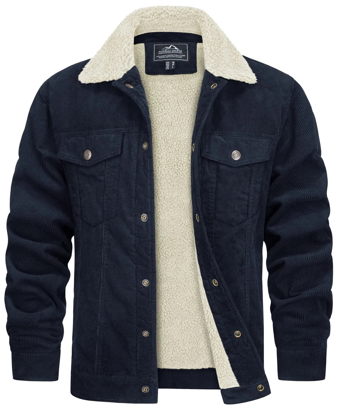 Cordjacke dunkelblau mit Teddyfutter und cremefarbenem Fellkragen