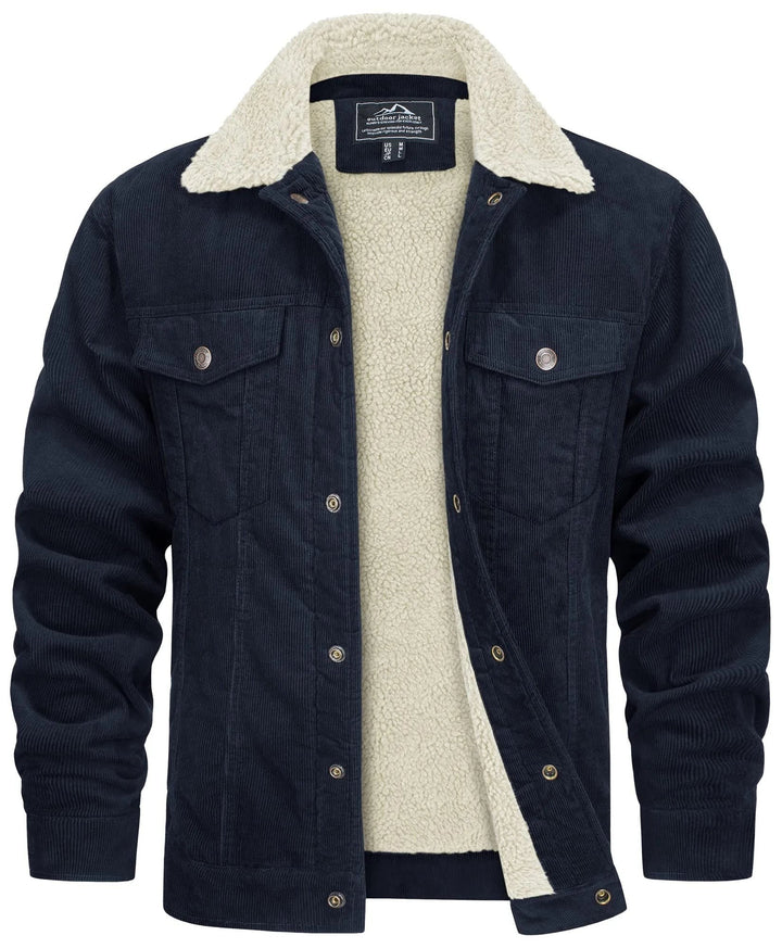 Cordjacke dunkelblau mit Teddyfutter und cremefarbenem Fellkragen