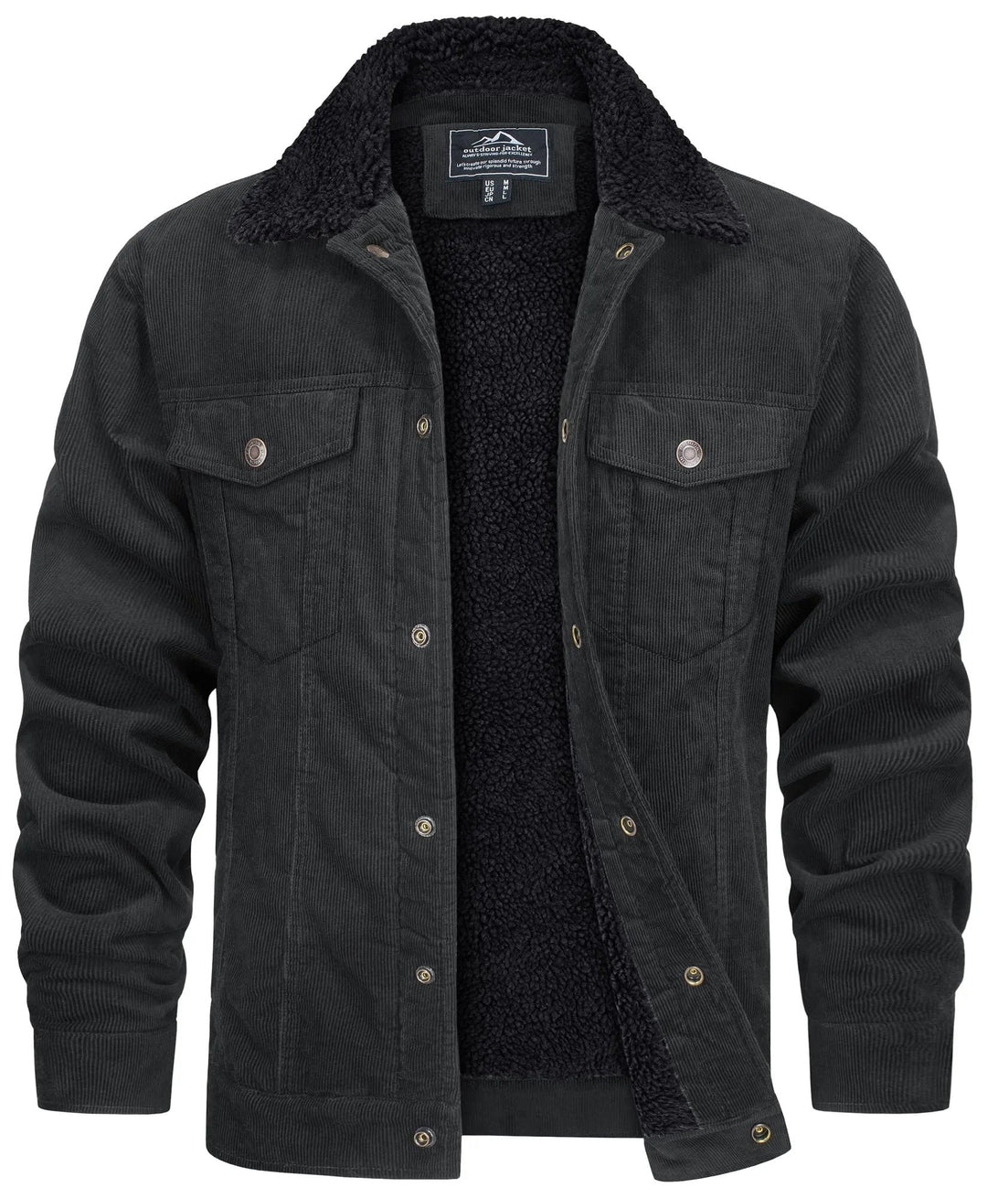 Schwarze Cordjacke mit kuscheligem Teddyfutter und Fellkragen