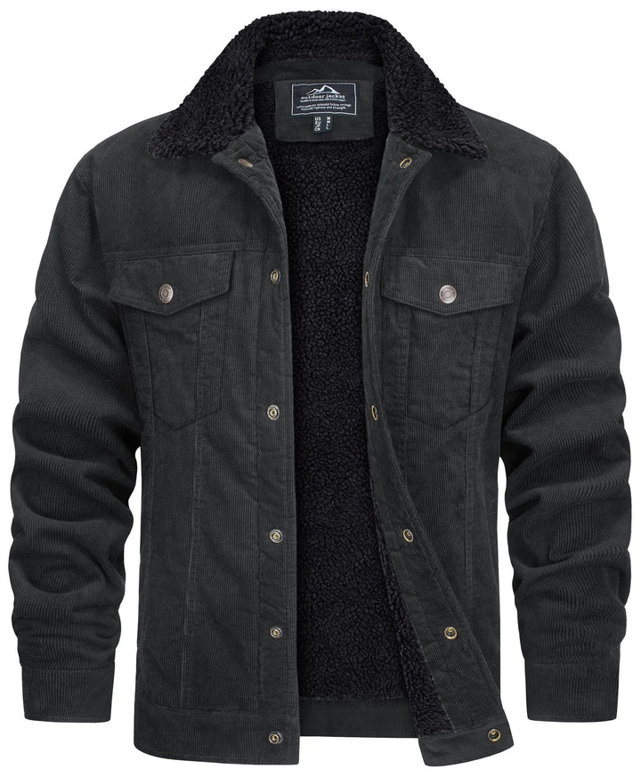 Schwarze Cordjacke mit kuscheligem Teddyfutter und Fellkragen