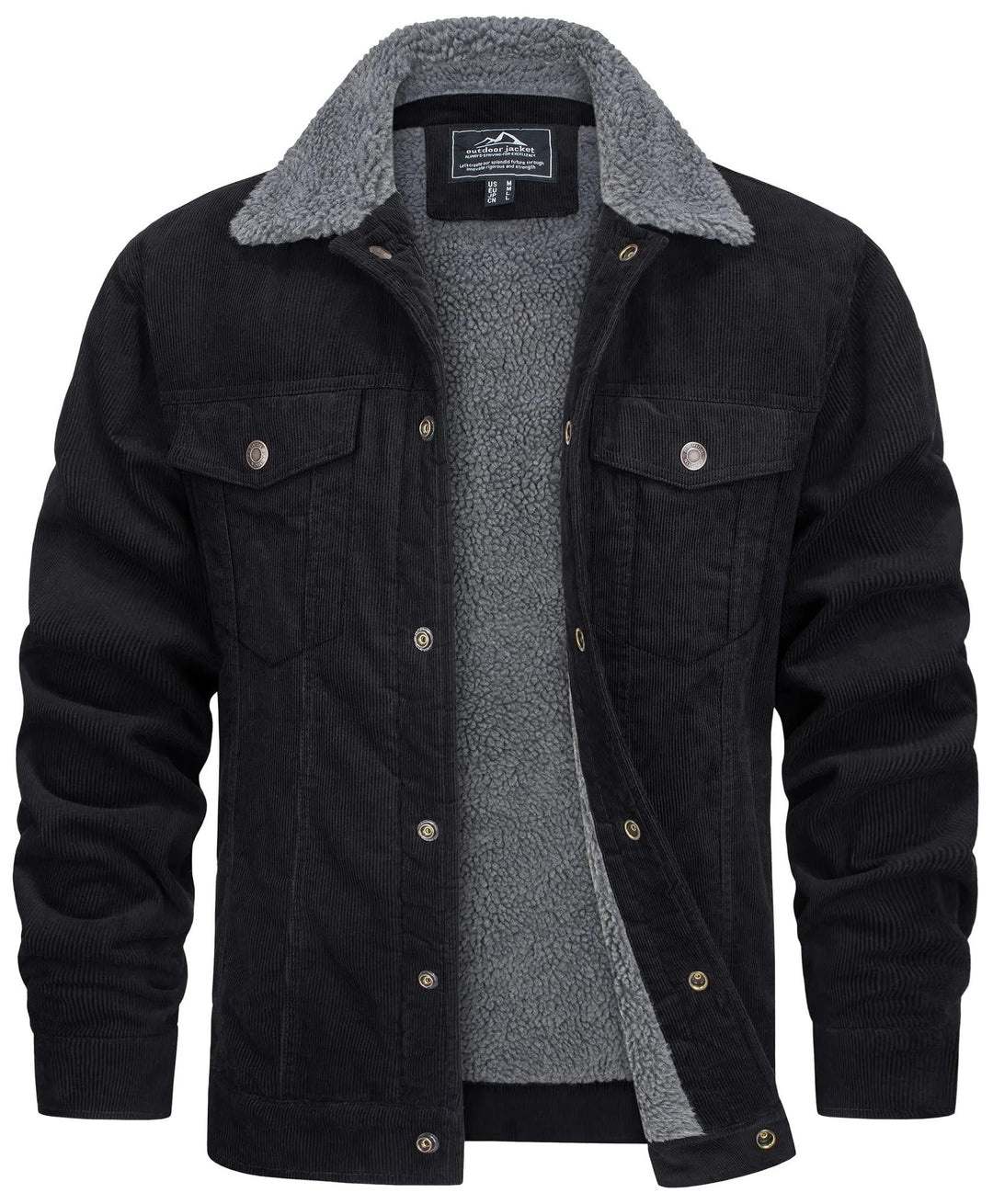Anthrazitfarbene Cordjacke mit grauem Fellkragen und Sherpa-Futter