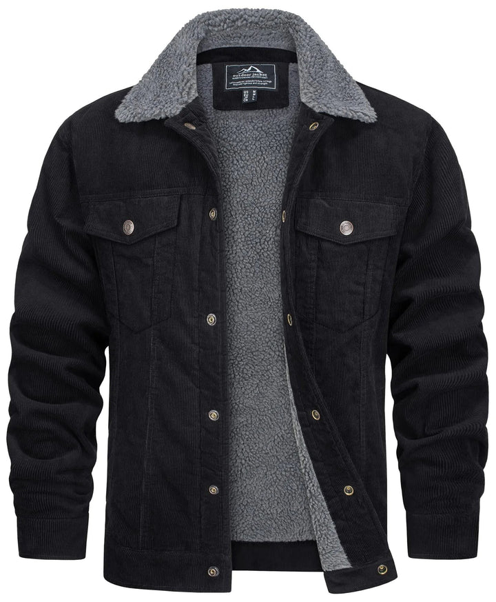 Anthrazitfarbene Cordjacke mit grauem Fellkragen und Sherpa-Futter