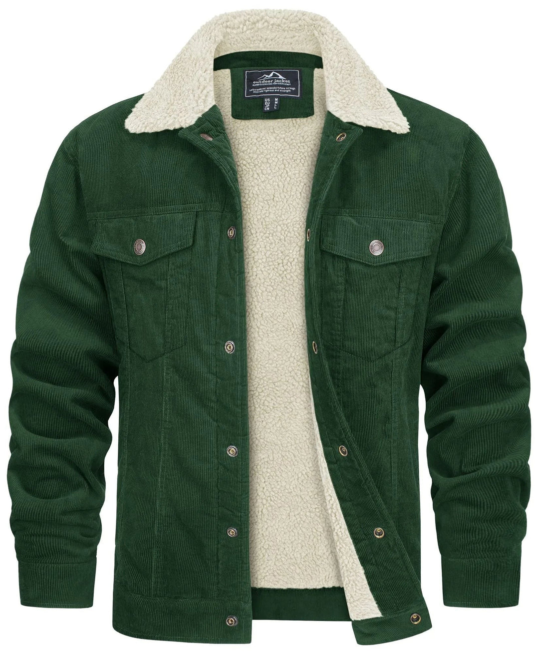 Dunkelgrüne Cordjacke mit cremefarbenem Fellkragen und Knopfleiste