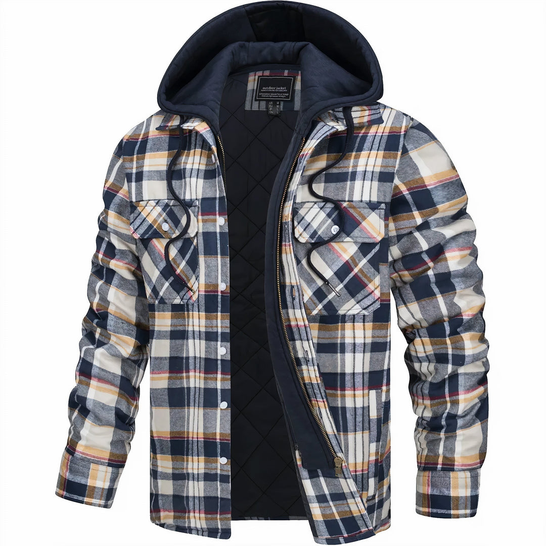 Flanell-Hemdjacke Herren kariert in Marineblau Beige mit Kapuze und Reißverschluss