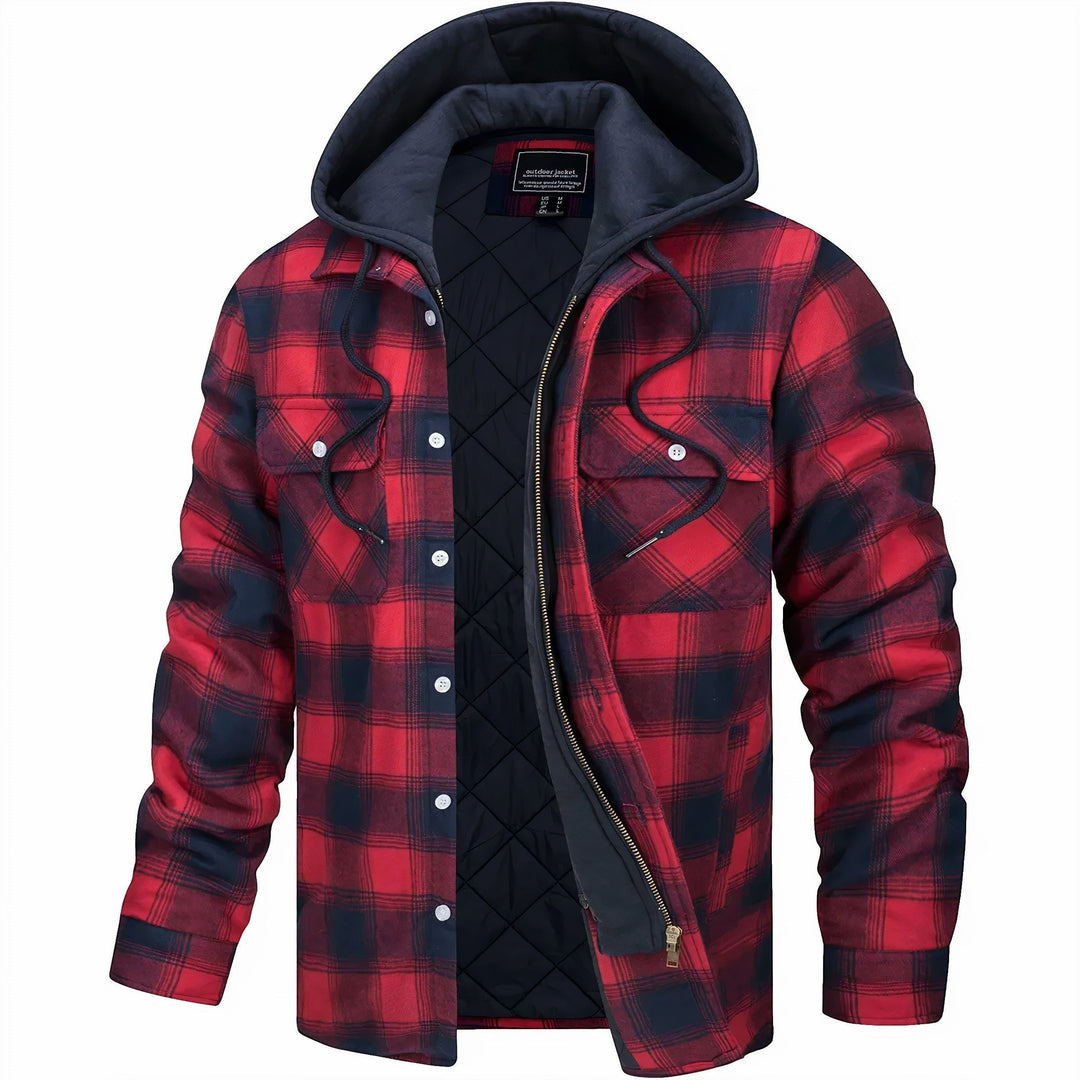 Herren Hemdjacke rot-schwarz kariert mit Kapuze und Brusttaschen