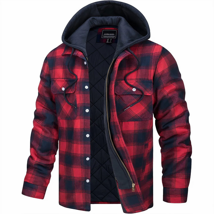 Herren Hemdjacke rot-schwarz kariert mit Kapuze und Brusttaschen