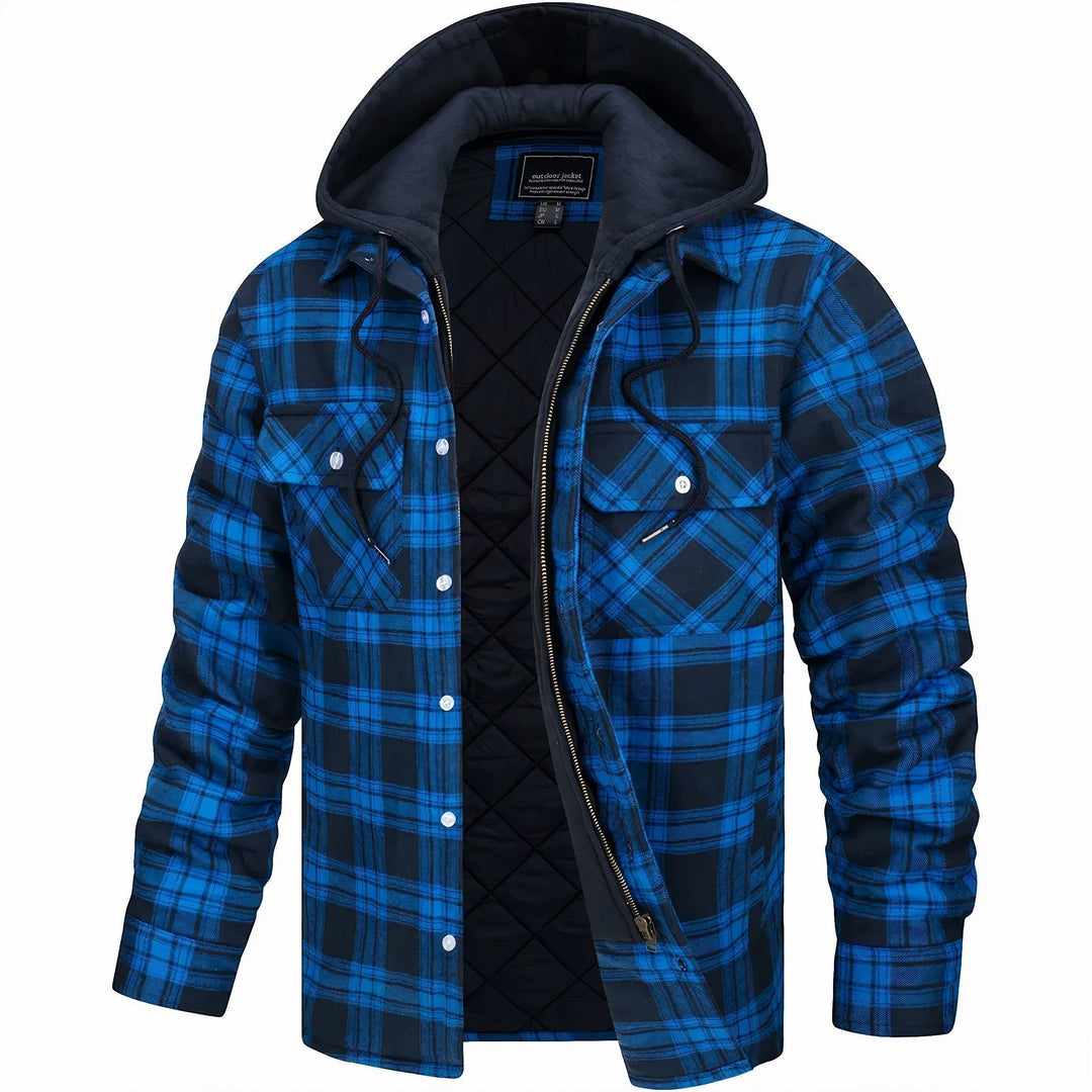 Karierte Hemdjacke Herren blau-schwarz mit Kapuze und Zugband