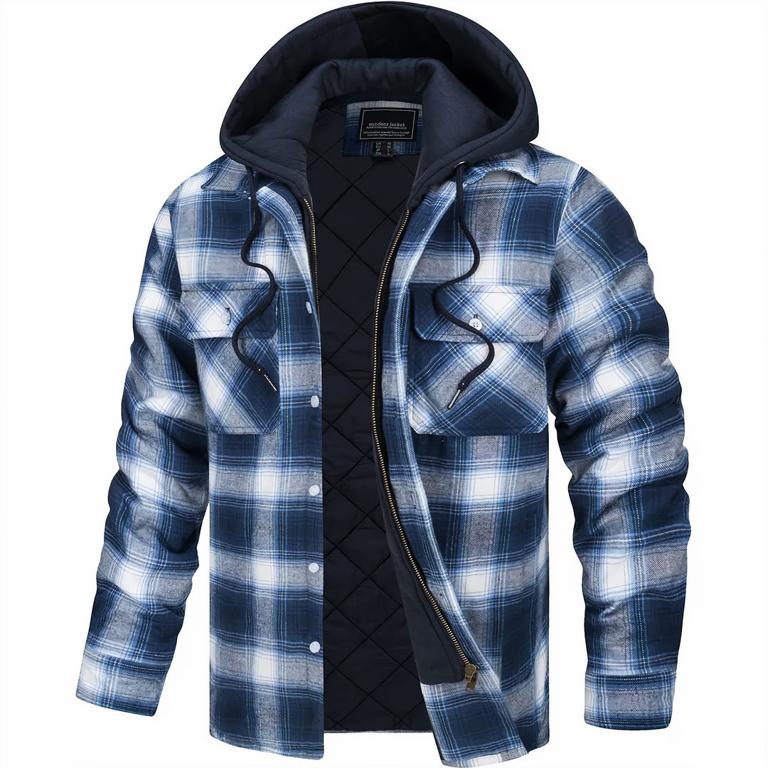 Flanell-Hemdjacke Herren blau-weiß kariert mit Kapuze und Reißverschluss