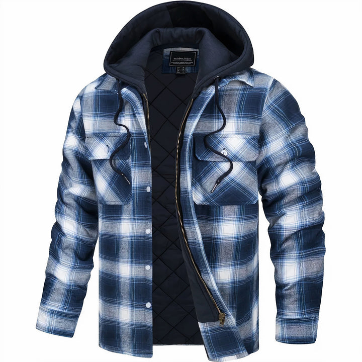 Flanell-Hemdjacke Herren blau-weiß kariert mit Kapuze und Reißverschluss