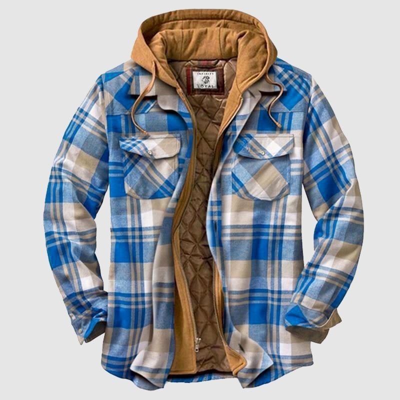 Herren Flanell-Hemdjacke blau kariert mit Kapuze und gefüttertem Innenfutter
