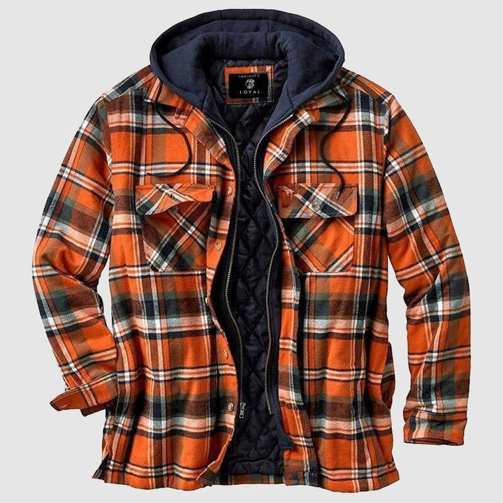 Orange-schwarz karierte Flanelljacke mit Kapuze und Reißverschluss offen