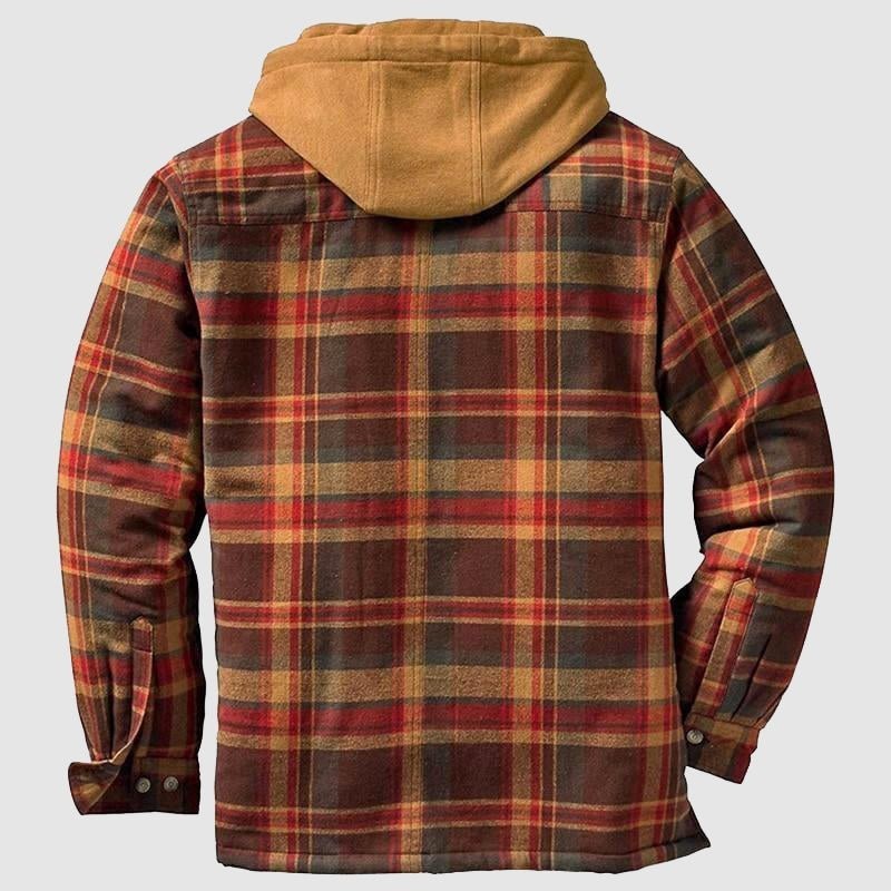 Rückansicht der roten karierten Hemdjacke mit brauner Fleece-Kapuze