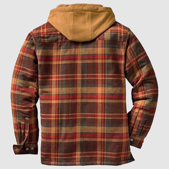 Rückansicht der roten karierten Hemdjacke mit brauner Fleece-Kapuze
