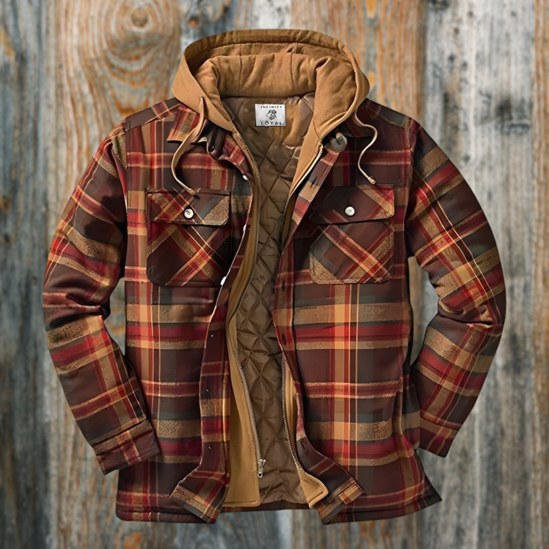 Gefütterte Flanell-Hemdjacke in Braun-Rot-Karo mit Kapuze und Kordelzug