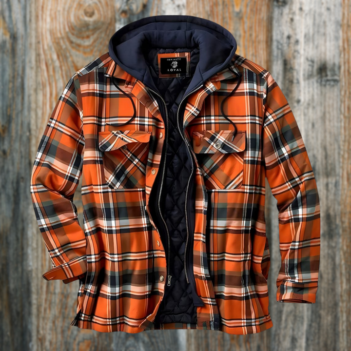 Orange-marineblau karierte Hemdjacke mit dunkler Kapuze und Zipper