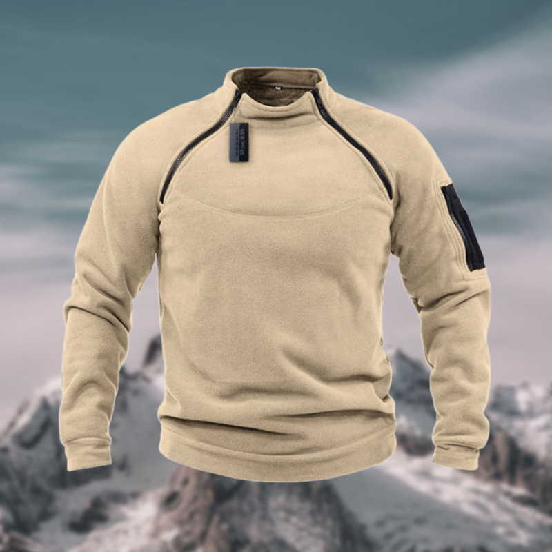 Beiger Herren-Fleecepullover mit Reißverschluss und Ärmeltasche