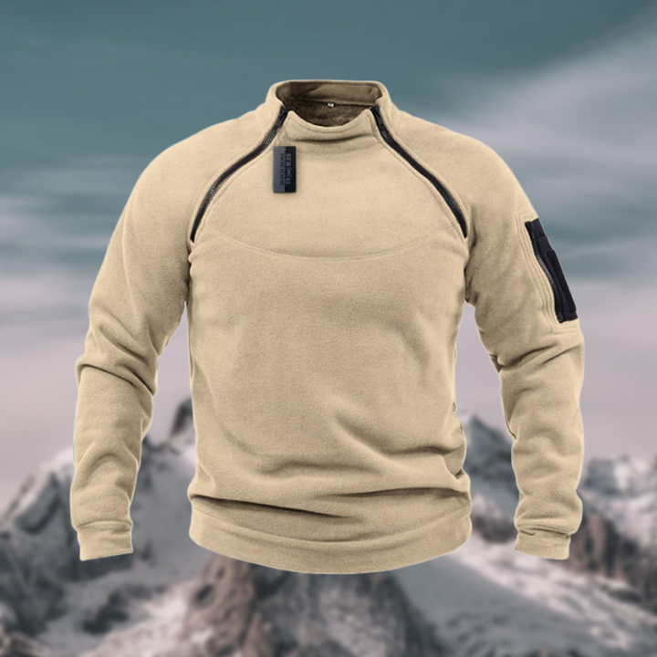 Beiger Herren-Fleecepullover mit Reißverschluss und Ärmeltasche