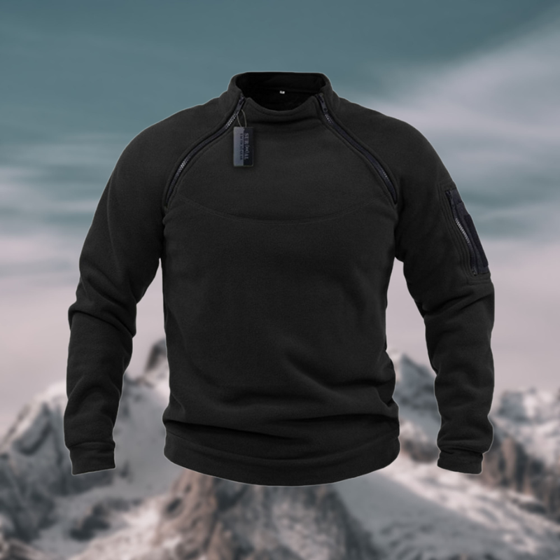Schwarzer Fleece-Pullover mit Stehkragen und funktionaler Ärmeltasche