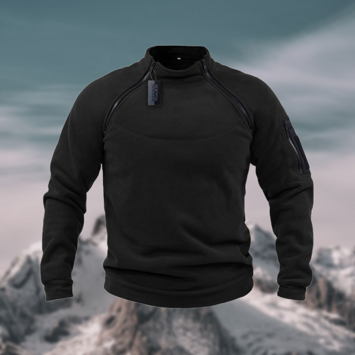 Schwarzer Fleece-Pullover mit Stehkragen und funktionaler Ärmeltasche