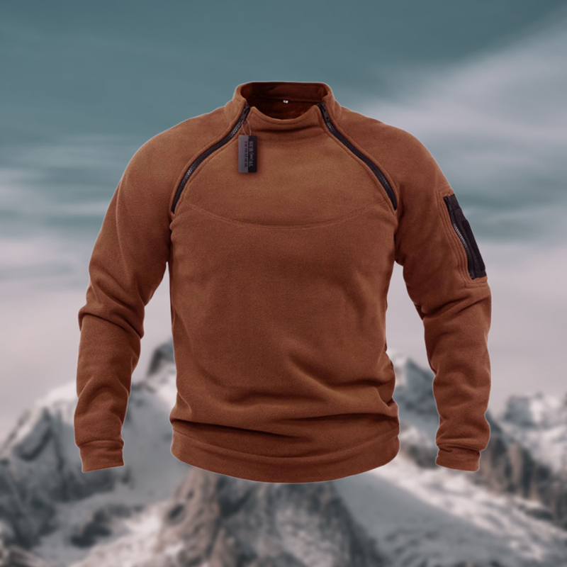 Rostbrauner Fleece-Pullover Herren mit Stehkragen und Viertelzip Detail