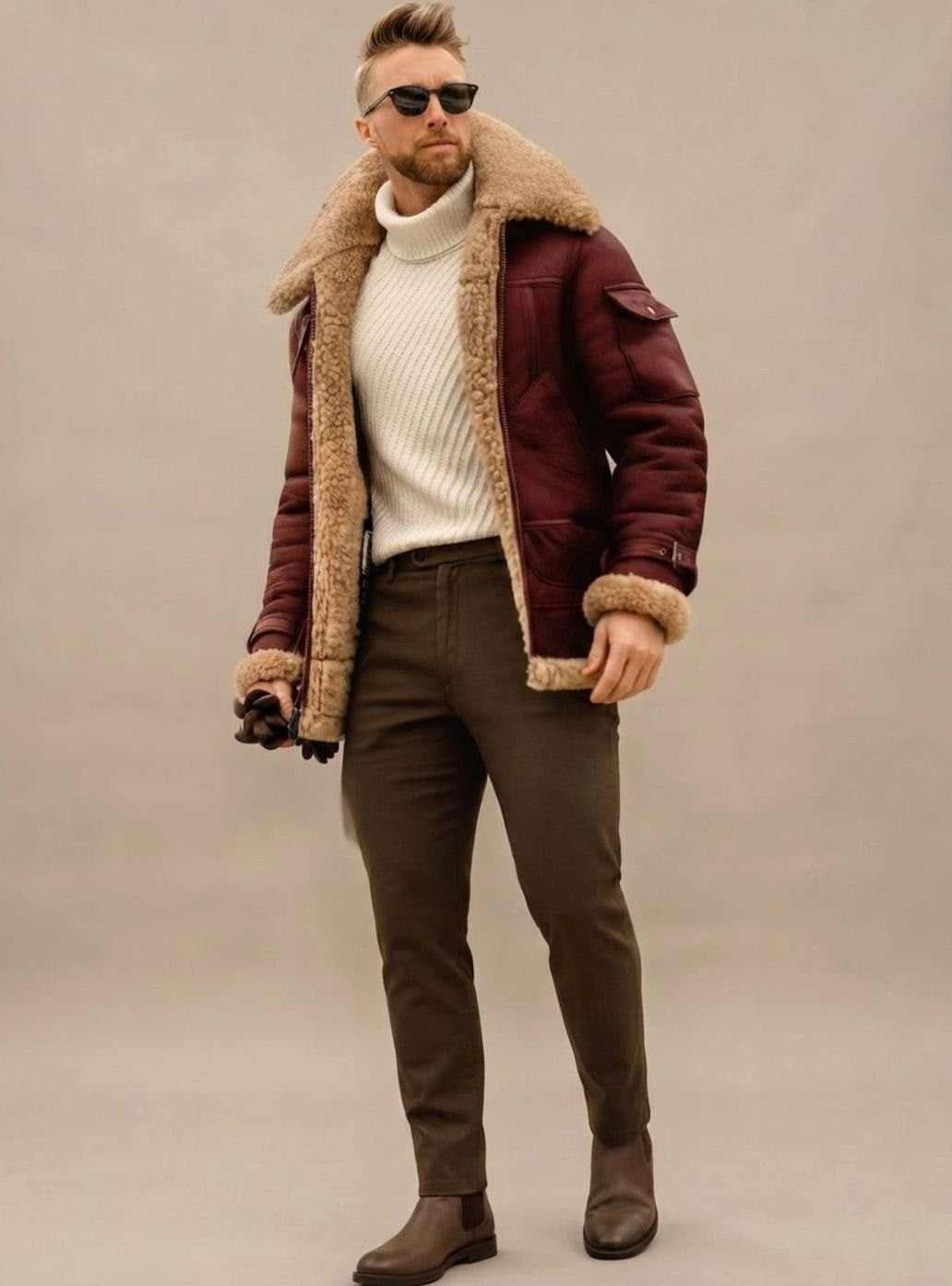 Weinrote vegane Lederjacke mit beigem Kunstfell-Kragen im klassischen Bomberjacken-Design