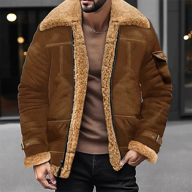 Braune Herren Lederjacke mit flauschigem Fellkragen und Reißverschluss