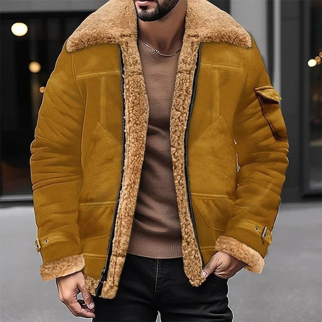 Senffarbene Pilotenjacke mit Kunstfellkragen und gefütterten Ärmelbündchen
