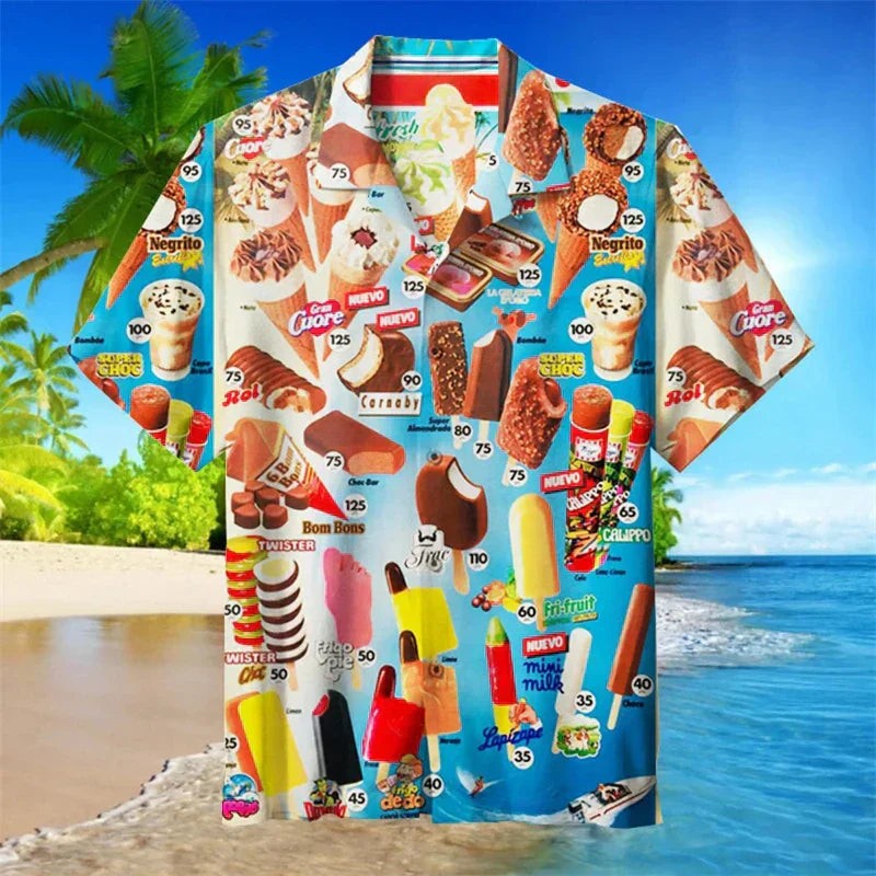 Hawaiihemd mit buntem Eiscreme-Print und Retro-Werbemotiven, kurzärmelig