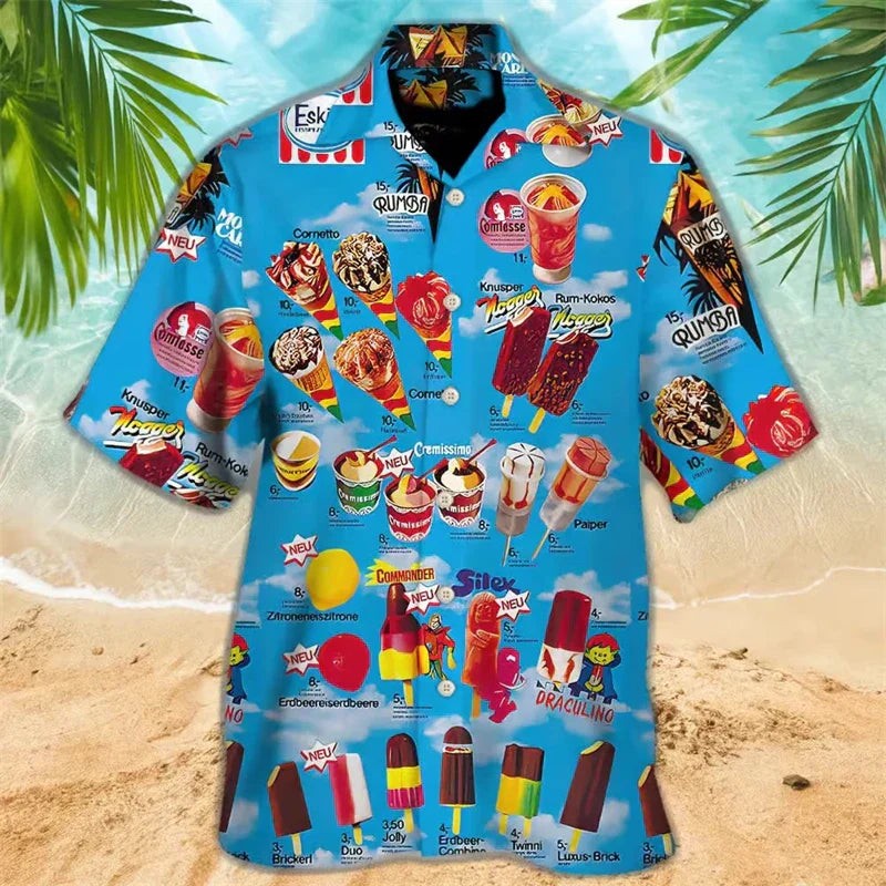 Blaues Hawaiihemd mit Eis-Motiven und Vintage-Speisekarten-Design