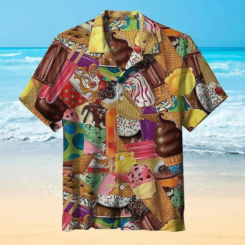 Kurzarmhemd mit bunten Eisbecher- und Waffelhorn-Aufdruck im Retro-Stil