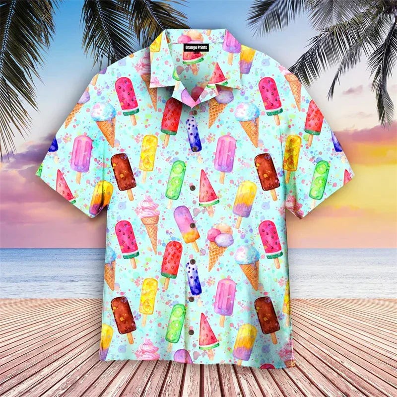 Türkisfarbenes Hawaiihemd mit Eis am Stiel und Wassermelonen-Muster