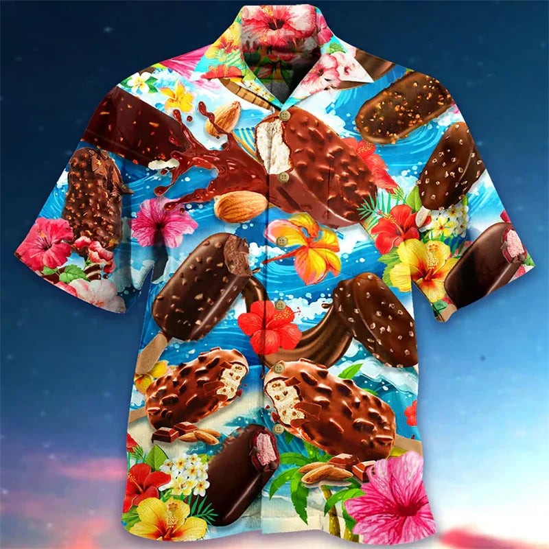 Hawaiihemd mit Schoko-Eis-Print und tropischen Hibiskusblüten auf Blau