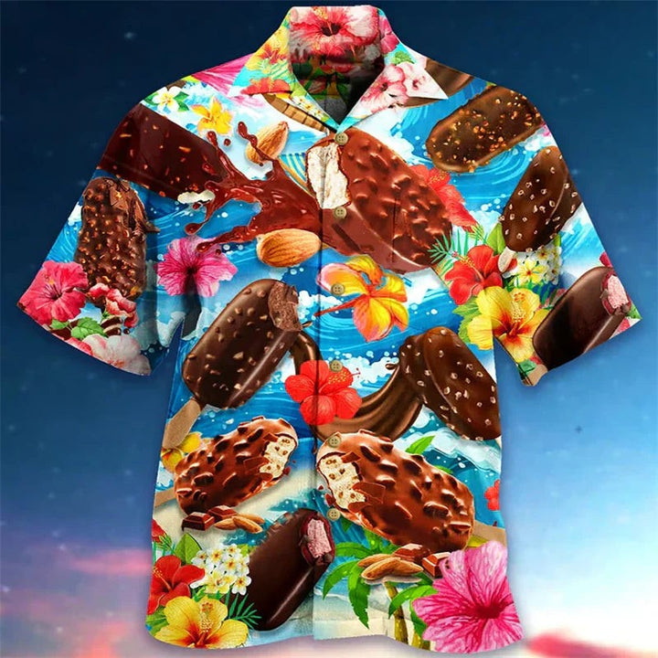 Hawaiihemd mit Schoko-Eis-Print und tropischen Hibiskusblüten auf Blau