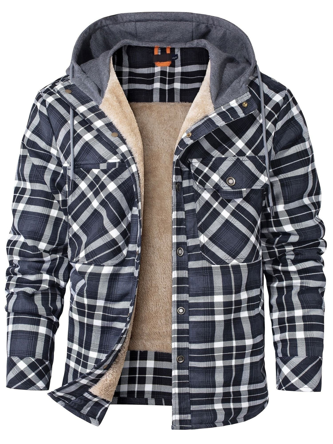 Herren Hemdjacke schwarz-weiß kariert mit Kapuze und Teddyfutter