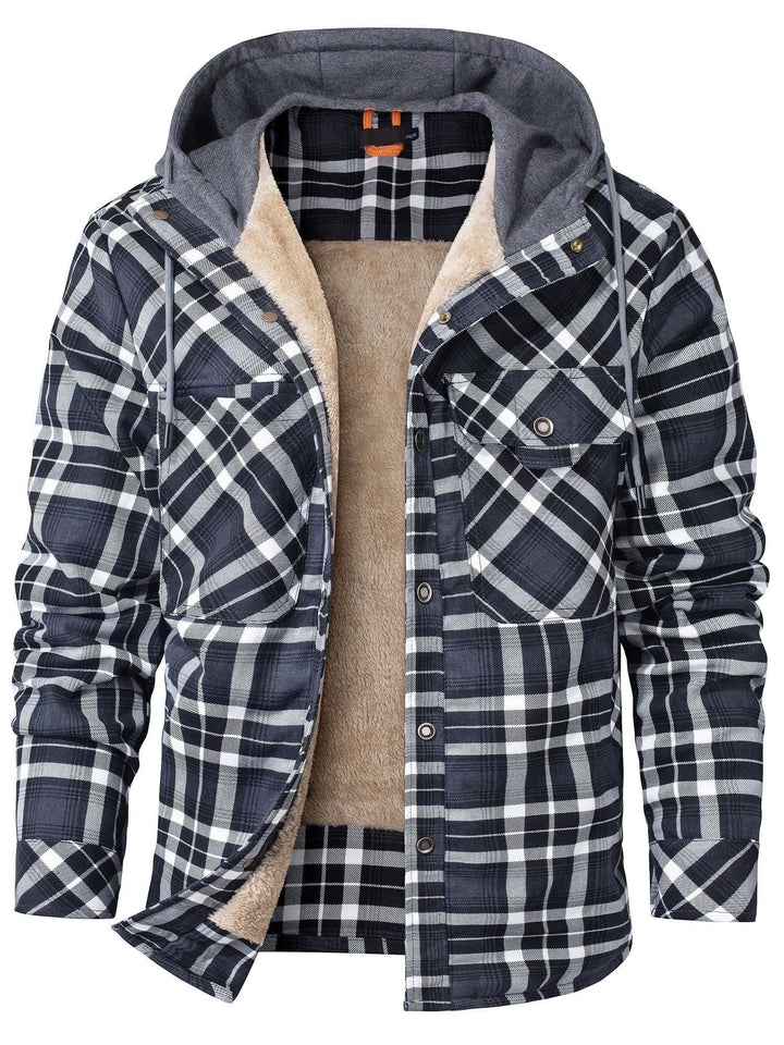 Herren Hemdjacke schwarz-weiß kariert mit Kapuze und Teddyfutter
