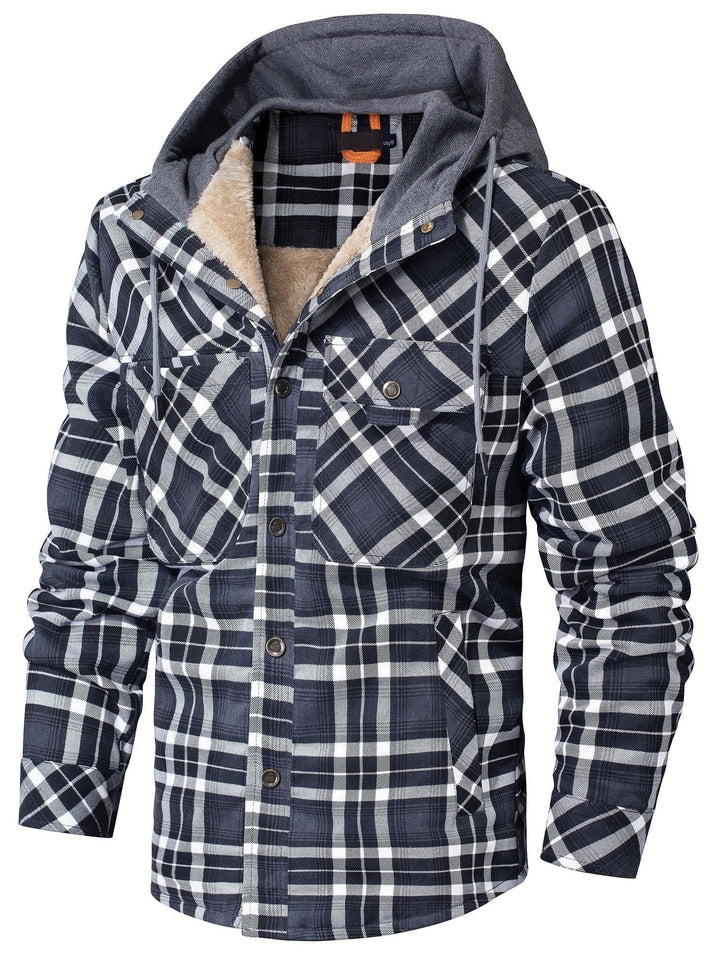 Schwarz-weiß karierte Hemdjacke mit grauer Kapuze und Fellfutter