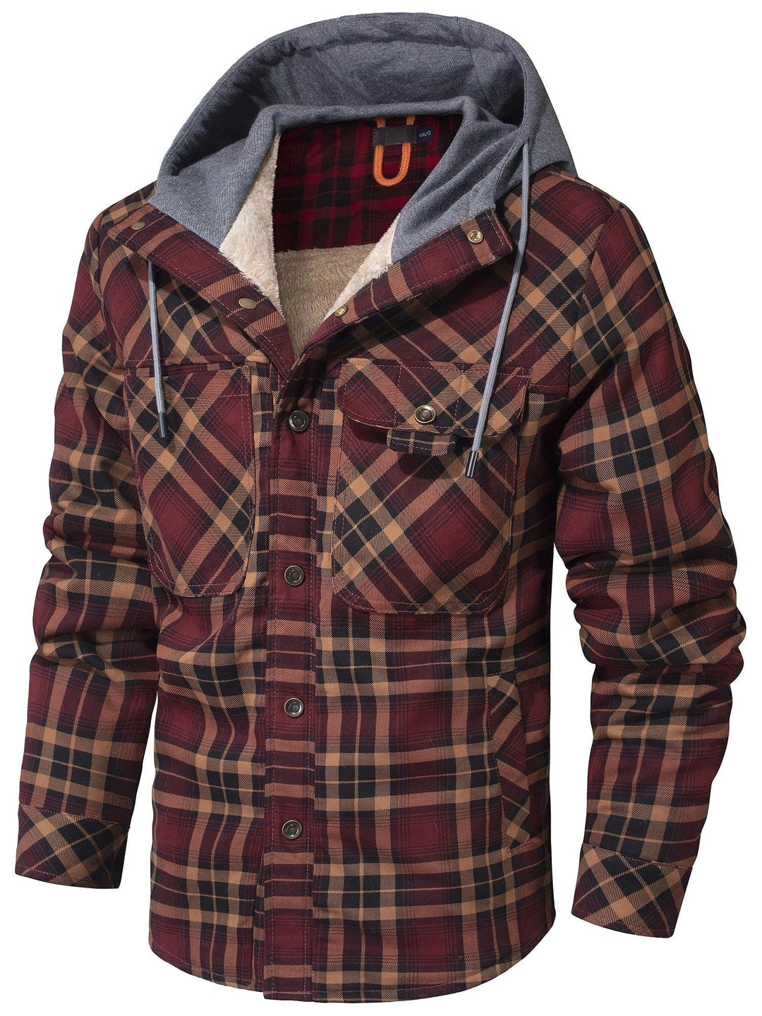 Bordeauxrote karierte Hemdjacke mit grauer Kapuze und Teddyfutter