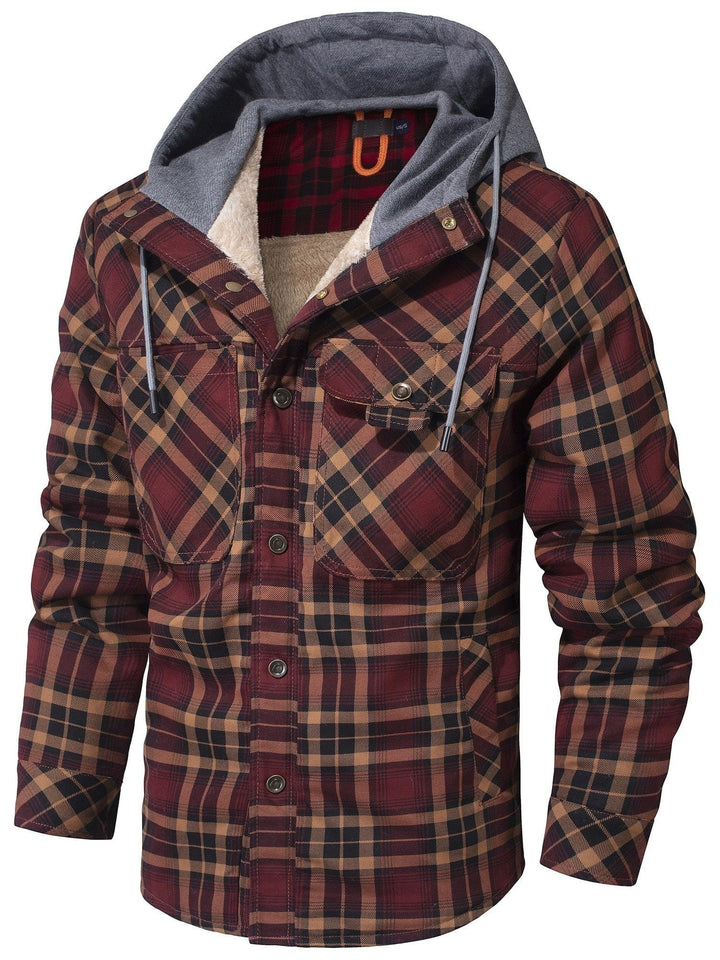 Bordeauxrote karierte Hemdjacke mit grauer Kapuze und Teddyfutter