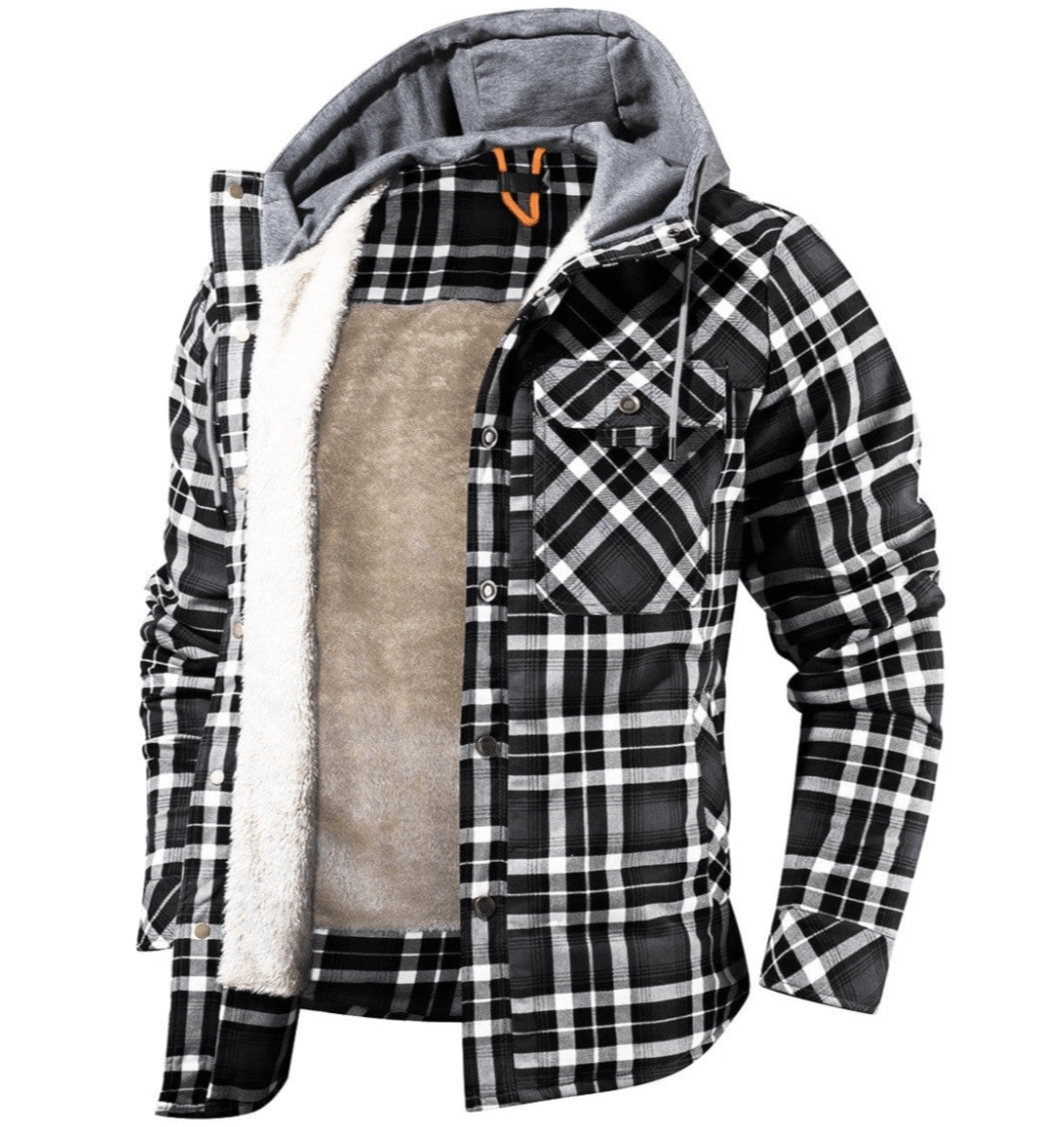 Schwarz-weiß karierte Herrenjacke mit Kapuze und Kunstfellfutter