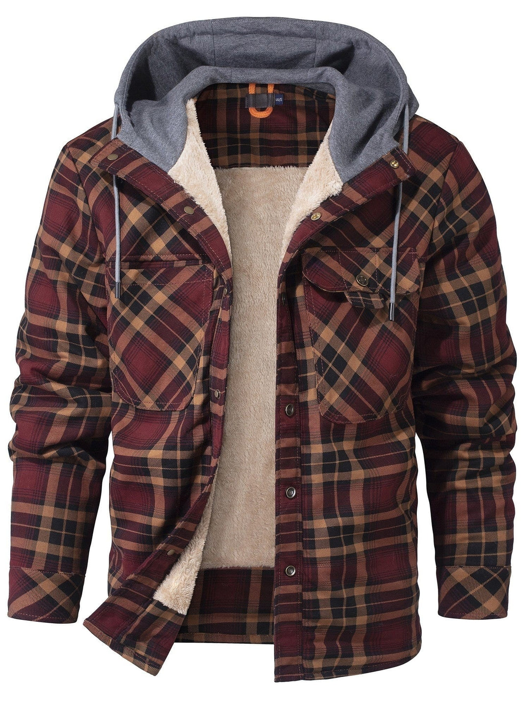 Rot-braun karierte Hemdjacke mit Kapuze und cremefarbenem Futter