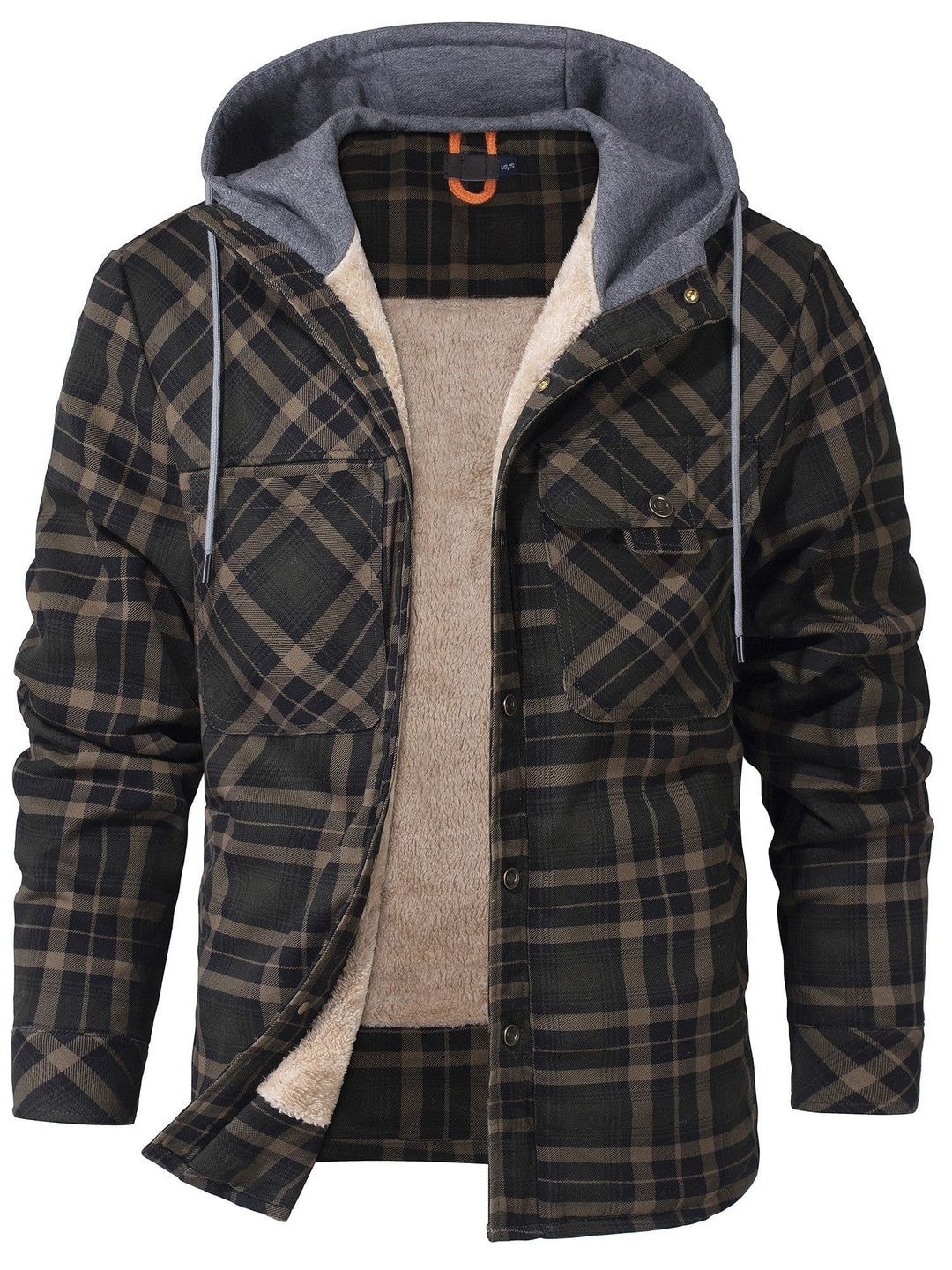 Oliv-braun karierte Hemdjacke mit grauer Kapuze und Teddyfutter