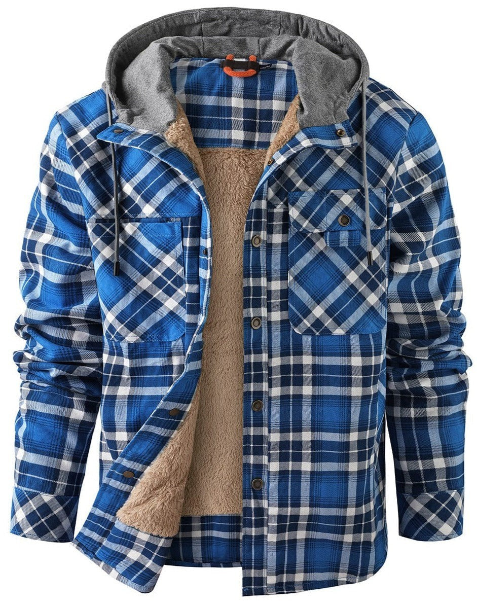 Blau-weiß karierte Hemdjacke mit Kapuze und beigem Fellfutter