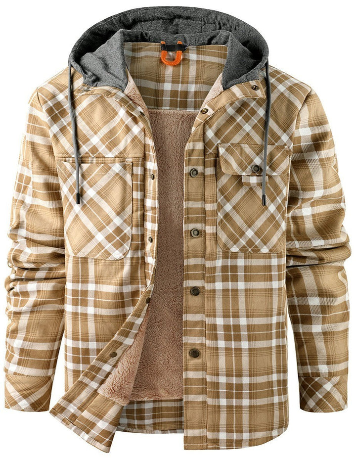 Beige karierte Hemdjacke mit grauer Kapuze und flauschigem Futter