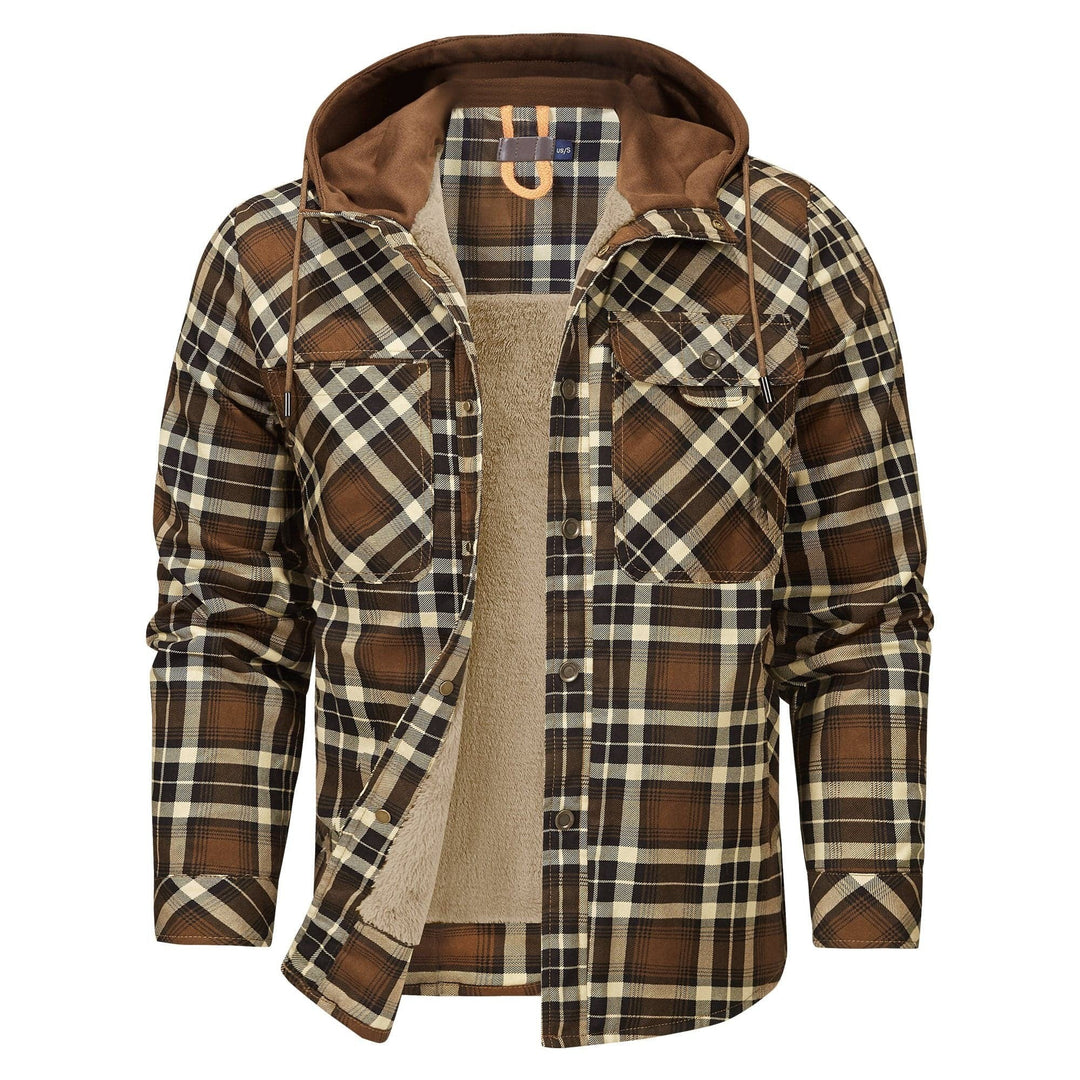 Braun-beige karierte Hemdjacke mit Kapuze und Kunstfellfutter