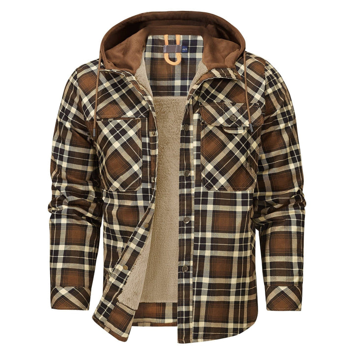 Braun-beige karierte Hemdjacke mit Kapuze und Kunstfellfutter