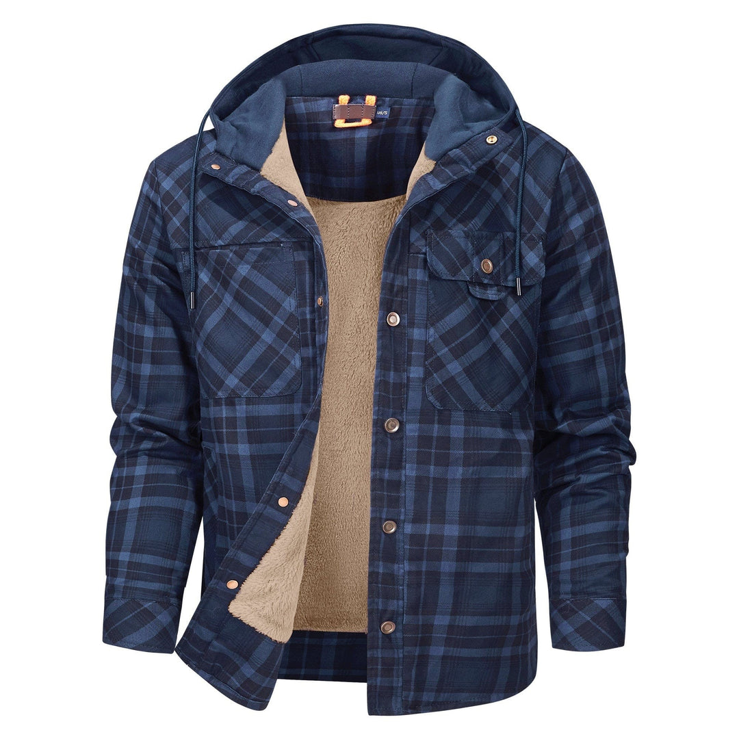 Marineblaue karierte Hemdjacke mit Kapuze und beigem Teddyfutter