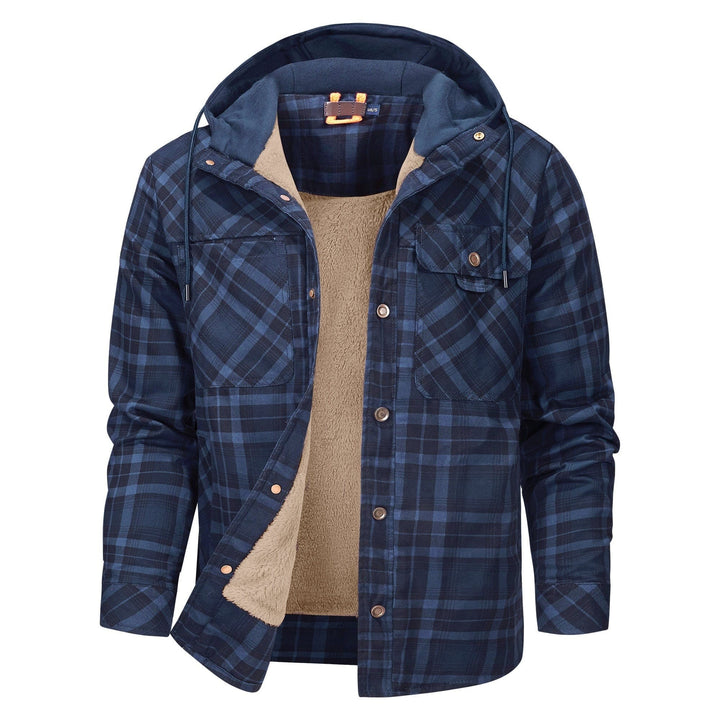 Marineblaue karierte Hemdjacke mit Kapuze und beigem Teddyfutter