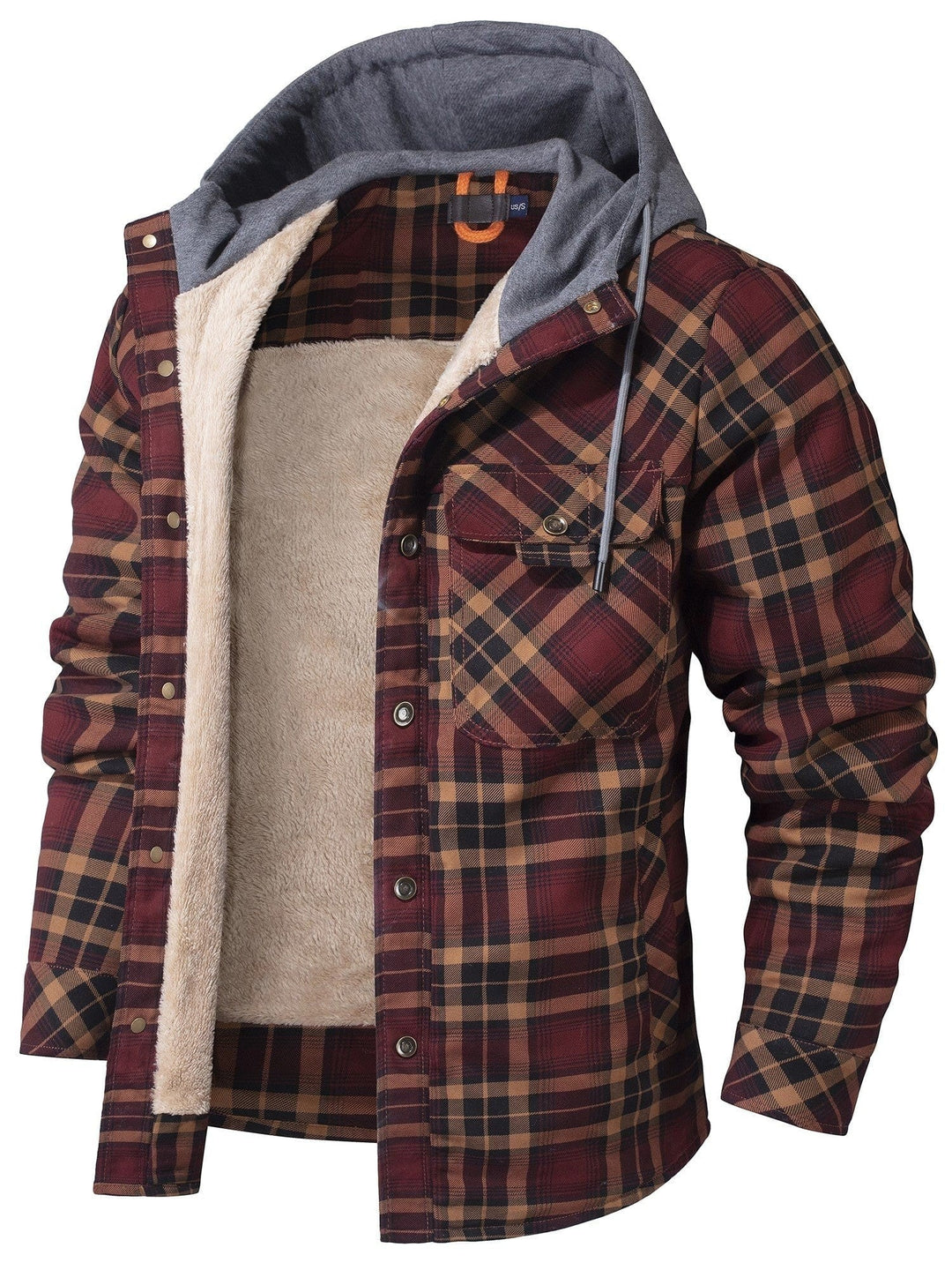 Flanell-Hemdjacke bordeauxrot kariert mit grauer Kapuze und Fellfutter
